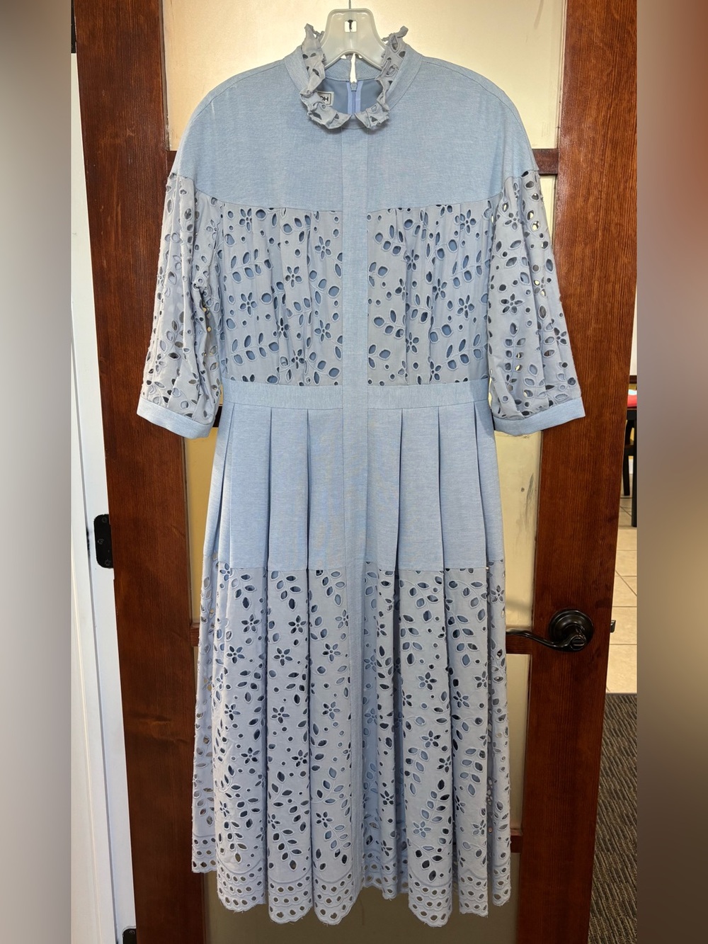 Nora Noh Soft Blue Eyelet Midi Dress with Ruffle Collar